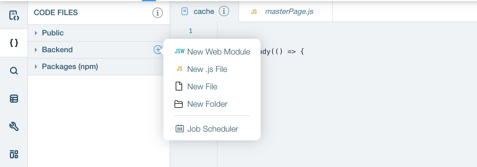 sidebar panel of wix editor for adding a new web module